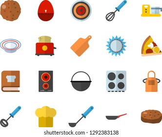 Color flat icon set frying pan flat vector, cauldron, cook hat, apron, ladle, whisk, kitchen egg timer, cutting board, electric stove, induction cooker, gas, toaster, cookbook, food processor, pizza