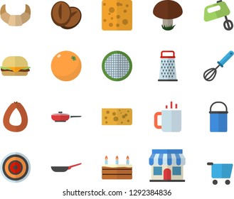 Color flat icon set frying pan flat vector, hiking pot, whisk, induction cooker, mixer, sieve, grater, croissant, sausage, cheese, hamburger, cake, coffee beans, tea, orange, mushroom, store front