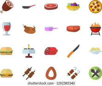 Color flat icon set frying pan flat vector, saute, knives, barbecue, chop, sausage, spaghetti, hamburger, pizza, salad, chicken, ham, shashlik, wine, romantic dinner fector, table setting