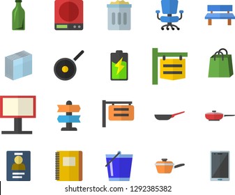 Color flat icon set frying pan flat vector, saute, teflon, weighing machine, bucketful, bench, battery, glass bottles, signboard, billboard, bags, badge, office chair, sticker, notebook, trash can