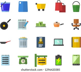 Color flat icon set frying pan flat vector, saute, teflon, weighing machine, cutting board, bucketful, battery, grocery trolley, signboard, bags, badge, office chair, laptop, notepad, notebook