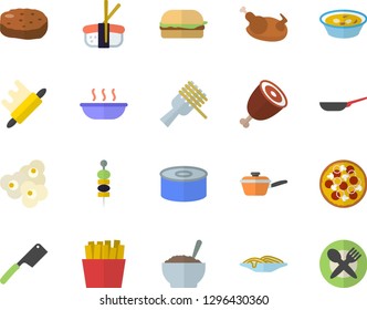 Color flat icon set frying pan flat vector, saute, knives, rolling pin, canned food, spaghetti on a fork, hamburger, pizza, soup, porridge, chicken, ham, cutlet, French fries, sashimi, popcorn