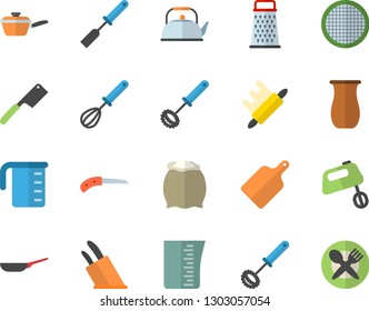 Color flat icon set frying pan flat vector, saute, meashuring cup, teapot, kitchen spatula, whisk, knives, rolling pin, cutting board, mixer, flour, sieve, grater, jugful, knife
