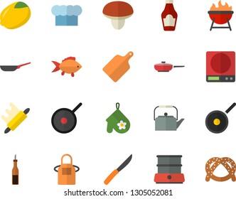 Color flat icon set frying pan flat vector, teflon, weighing machine, teapot, cook hat, apron, potholder, knives, rolling pin, cutting board, double boiler, barbecue, mushroom, fish, ketchup, sauce