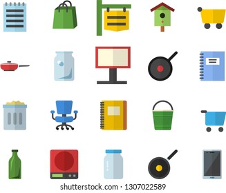Color flat icon set frying pan flat vector, teflon, weighing machine, glass jar, nesting box, bucketful, bottles, grocery trolley, signboard, billboard, bags, office chair, notepad, notebook, mobile