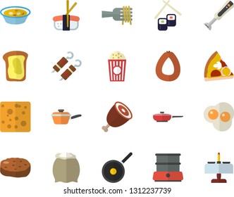 Color flat icon set frying pan flat vector, saute, teflon, double boiler, blender, flour, sausage, cheese, spaghetti on a fork, pizza, soup, ham, shashlik, cutlet, fish rolls, sashimi, popcorn