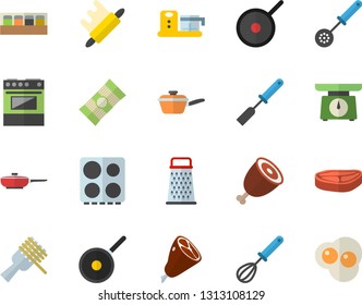 Color flat icon set frying pan flat vector, saute, teflon, weighing machine, kitchen spatula, spoon, whisk, rolling pin, electric stove, spice, food processor, grater, spaghetti, chop, on a fork