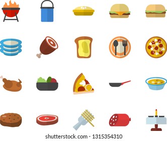 Color flat icon set frying pan flat vector, hiking pot, barbecue, table setting, plates, sausage, spaghetti on a fork, hamburger, pizza, salad, soup, pie, chicken, ham, chop, cutlet, sandwich