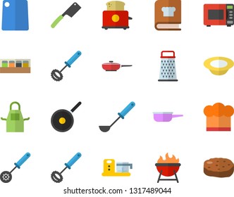 Color flat icon set frying pan flat vector, saute, teflon, cook hat, apron, ladle, kitchen spoon, whisk, knives, cutting board, microwave, toaster, cookbook, spice, food processor, barbecue, grater