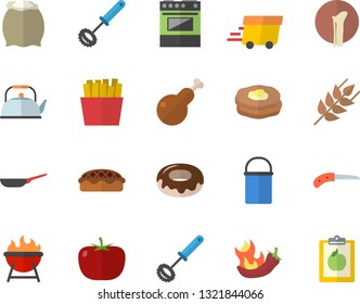 Color flat icon set frying pan flat vector, hiking pot, teapot, whisk, electric stove, barbecue, flour, tomato, ear, donut, pie, chicken, hot peppers, French fries, pancakes, knife, express delivery