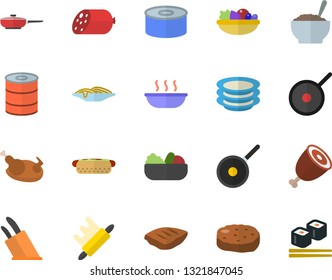 Color flat icon set frying pan flat vector, teflon, knives, rolling pin, plates, sausage, canned food, spaghetti, hot dog, salad, soup, porridge, chicken, ham, chop, cutlet, fish rolls