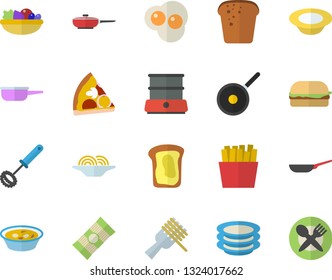 Color flat icon set frying pan flat vector, saute, teflon, whisk, double boiler, plates, spaghetti, bread, on a fork, hamburger, pizza, dish, salad, soup, French fries, scrambled eggs, sandwich