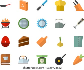 Color flat icon set frying pan flat vector, teflon, cake, weighing machine, meashuring cup, teapot, cook hat, kitchen spatula, egg timer, knives, cutting board, gas, cookbook, blender, barbecue