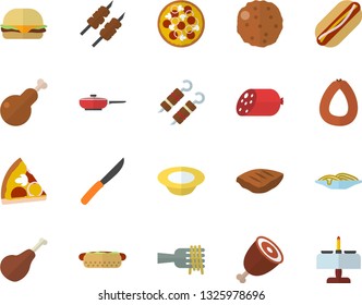 Color flat icon set frying pan flat vector, knives, ham, sausage, spaghetti on a fork, hamburger, hot dog, pizza, dish, chicken, chop, shashlik, cutlet, romantic dinner fector