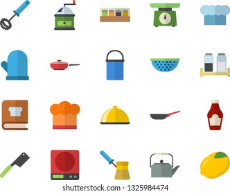Color flat icon set frying pan flat vector, hiking pot, weighing machine, colander, teapot, cook hat, potholder, whisk, knives, coffee grinder, turk, cookbook, spice, dish, ketchup, lemon