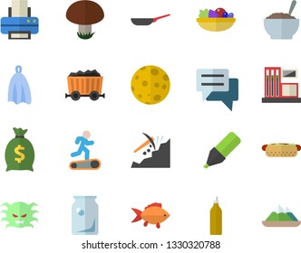 Color flat icon set frying pan flat vector, towel, fish, hot dog, salad, porridge, mustard, mushroom, gas station, mining, glass bottles, marker, wealth, chat, virus, printer, moon, Treadmill