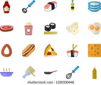Color flat icon set frying pan flat vector, whisk, plates, ketchup, sausage, cheese, spaghetti on a fork, hot dog, pizza, soup, chop, fish rolls, sashimi, popcorn, scrambled eggs, canape, mustard