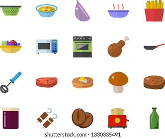 Color flat icon set frying pan flat vector, colander, whisk, electric stove, microwave, toaster, chop, pancakes, mushroom, salad, soup, chicken, shashlik, cutlet, coffee beans, garlic, French fries