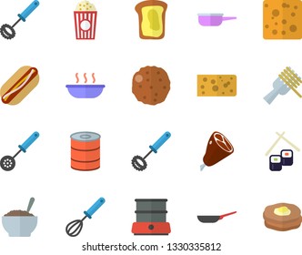 Color flat icon set frying pan flat vector, saute, kitchen spoon, whisk, double boiler, cheese, canned food, spaghetti on a fork, hot dog, soup, porridge, ham, cutlet, fish rolls, popcorn, sandwich