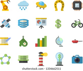 Color flat icon set frying pan flat vector, potholder, plates, horseshoe, rain, bench, motherboard, robotics, lighthouse, chart, dollar, idea, molecule, satellit, globe, hostory roll, ufo, bicycle