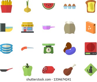 Color flat icon set frying pan flat vector, saute, weighing machine, flour, groats, plates, ham, legumes, onion, sausage, egg, watermelon, bell pepper, French fries, sandwich, grain warehouse, knife