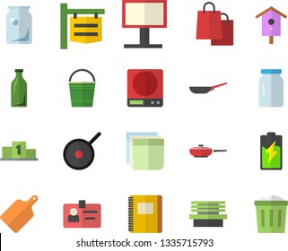 Color flat icon set frying pan flat vector, teflon, weighing machine, cutting board, glass jar, nesting box, bucketful, bench, battery, bottles, signboard, billboard, bags, badge, sticker, notebook