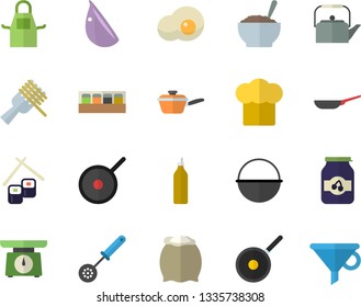 Color flat icon set frying pan flat vector, cauldron, saute, teflon, weighing machine, teapot, cook hat, apron, kitchen spoon, spice, flour, spaghetti on a fork, porridge, garlic, fish rolls, jam