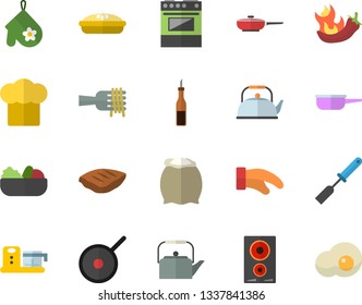 Color flat icon set frying pan flat vector, saute, teflon, teapot, cook hat, potholder, kitchen spatula, electric stove, induction cooker, food processor, flour, sauce, spaghetti on a fork, salad