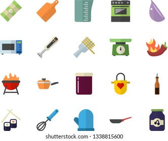 Color flat icon set frying pan flat vector, saute, weighing machine, meashuring cup, apron, potholder, whisk, cutting board, electric stove, microwave, blender, barbecue, spaghetti, sauce, on a fork