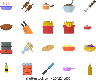 Color flat icon set frying pan flat vector, saute, kitchen spatula, knives, double boiler, blender, bread, canned food, spaghetti on a fork, salad, soup, porridge, chop, shashlik, French fries