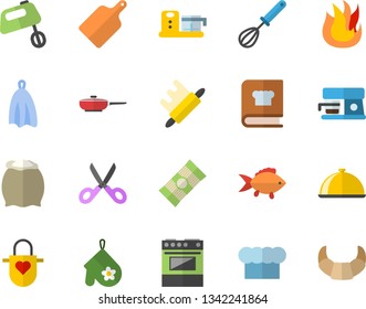 Color flat icon set frying pan flat vector, cook hat, apron, potholder, whisk, towel, scissors, rolling pin, cutting board, electric stove, fire, mixer, cookbook, coffee machine, food processor