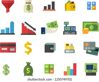 Color flat icon set funnel flat vector, crisis, chart, cash, credit card, dollar, investments, purse, wealth, calculator, machine, dispenser fector