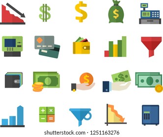 Color flat icon set funnel flat vector, crisis, chart, cash, credit card, dollar, investments, purse, wealth, calculator, machine, dispenser fector, safe