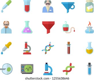 Color flat icon set funnel flat vector, blood transfusion, pipette, test, microscope, medical analysis, DNA, artificial insemination, flask, gas burner, oscilloscope, scientist, beakers