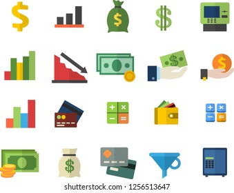 Color flat icon set funnel flat vector, crisis, chart, cash, credit card, dollar, investments, purse, wealth, calculator, fector, dispenser, safe