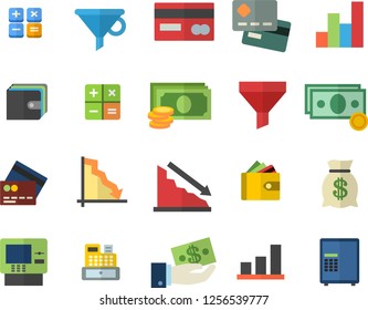 Color flat icon set funnel flat vector, crisis, cash, credit card, investments, purse, wealth, calculator, machine, chart, fector, dispenser, safe