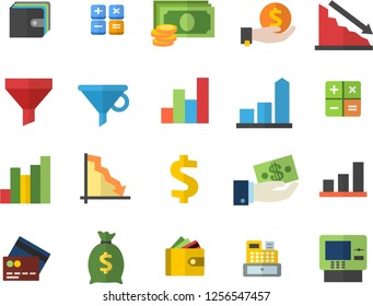 Color flat icon set funnel flat vector, crisis, chart, cash, dollar, investments, purse, wealth, calculator, machine, credit card fector, dispenser