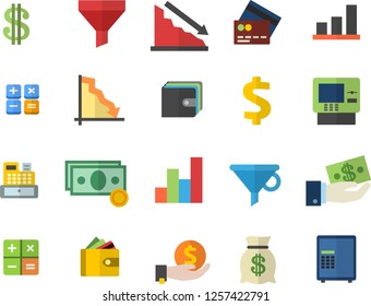 Color flat icon set funnel flat vector, crisis, cash, dollar, investments, purse, wealth, calculator, machine, chart, credit card fector, dispenser, safe