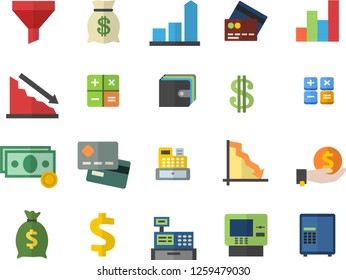 Color flat icon set funnel flat vector, crisis, chart, cash, credit card, dollar, investments, purse, wealth, calculator, machine, fector, dispenser, safe