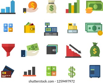 Color flat icon set funnel flat vector, crisis, chart, cash, dollar, investments, purse, wealth, calculator, machine, credit card fector, safe