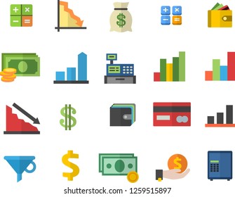 Color flat icon set funnel flat vector, crisis, chart, cash, credit card, dollar, investments, purse, wealth, calculator, machine, safe fector