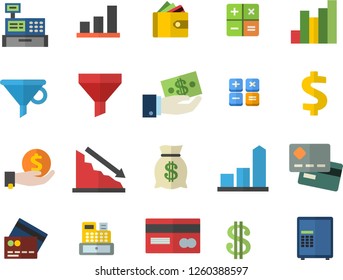 Color flat icon set funnel flat vector, crisis, chart, credit card, dollar, investments, purse, wealth, calculator, cash machine, fector, safe
