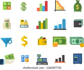 Color flat icon set funnel flat vector, crisis, chart, cash, dollar, investments, purse, wealth, calculator, machine, safe fector