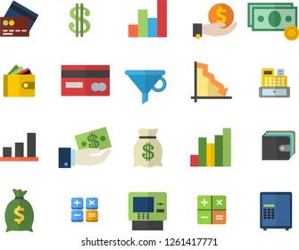 Color flat icon set funnel flat vector, crisis, chart, cash, credit card, dollar, investments, purse, wealth, calculator, machine, fector, dispenser, safe