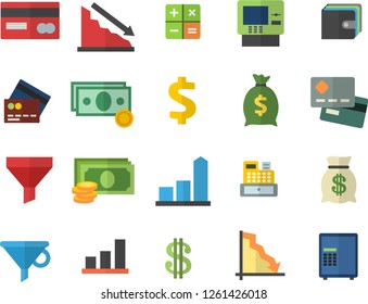 Color flat icon set funnel flat vector, crisis, chart, cash, credit card, dollar, purse, wealth, calculator, machine, fector, dispenser, safe