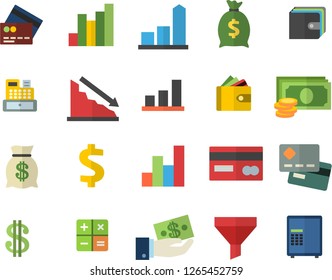 Color flat icon set funnel flat vector, crisis, chart, cash, credit card, dollar, investments, purse, wealth, calculator, machine, fector, safe