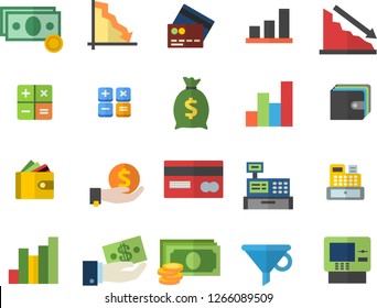 Color flat icon set funnel flat vector, crisis, chart, cash, credit card, investments, purse, wealth, calculator, machine, fector, dispenser