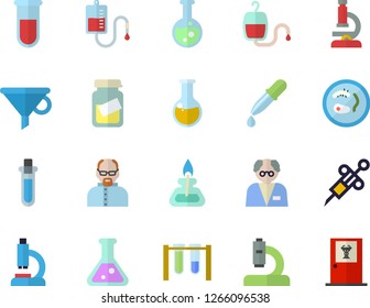 Color flat icon set funnel flat vector, blood transfusion, pipette, test, syringe, microscope, medical analysis, flask, gas burner, scientist, beakers, Petri dish, doctor's office fector