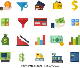 Color flat icon set funnel flat vector, crisis, chart, cash, credit card, dollar, investments, purse, wealth, calculator, machine, fector, dispenser, safe
