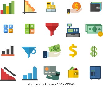 Color flat icon set funnel flat vector, crisis, chart, cash, credit card, dollar, investments, purse, calculator, machine, safe fector